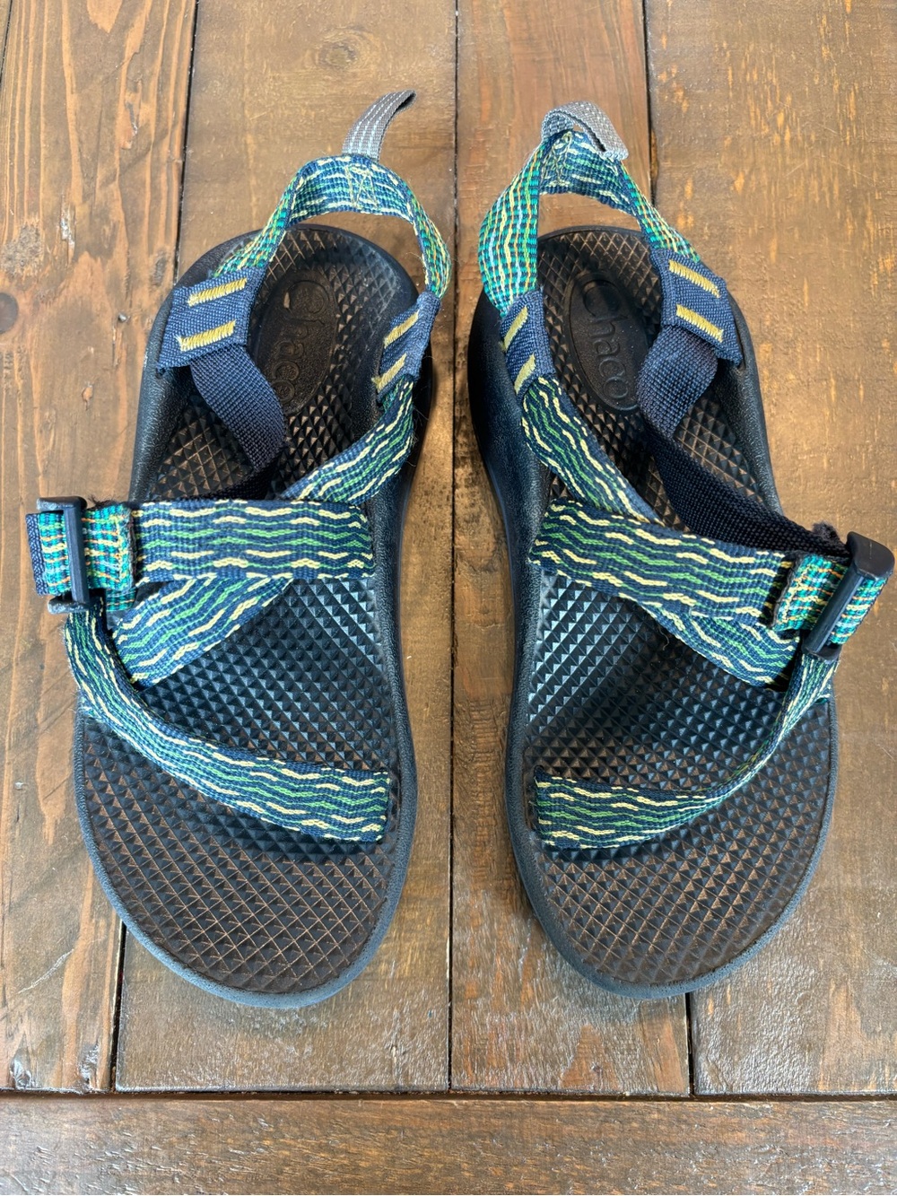 Chaco Navy Sandals with Green and Yellow Patterned Straps